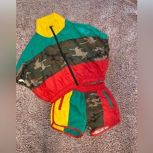 Multi color 2 piece cropped windbreaker & shorts set. Small. Worn only once.